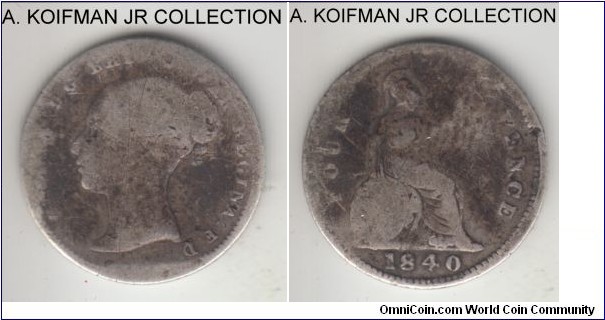 KM-731.1, 1840 Great Britain 4 pence (groat); silver, reeded edge; Victoria, more common early year, circulated, worn, slightly bent.