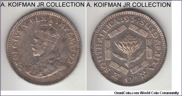 KM-16.2, 1934 South Africa (Dominion) 6 pence; silver, reeded edge; George V, nice extra fine details, few obverse minor scratches and may have been cleaned.