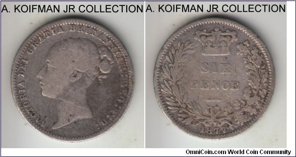 KM-751.2, 1877 Great Britain 6 pence; silver, reeded edge; Victoria, appears to be without die number, good to very good, harshly cleaned.