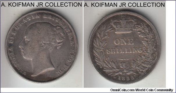KM-734.1, 1855 Great Britain shilling; silver, reeded edge; Victoria, second portrait, very good or almost obverse with somme old scratches/cleaning and good fine reverse.