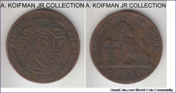 KM-4.2, 1846 Belgium 2 centimes; copper, plain edge; Leopold I, average circuated, fine or better - shield inscription is quite readable.