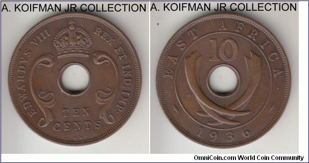 KM-24, 1936 East Africa 10 cents, King Norton mint (KN mint mark); bronze, holed flan, plain edge; Edward VIII one year mintage, almost uncirculated details, few very small spots.