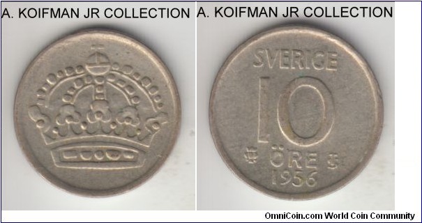 KM-823, 1956 Sweden 10 ore; silver, plain edge; Gustaf V, common debased silver period, weakly struck good extra fine.