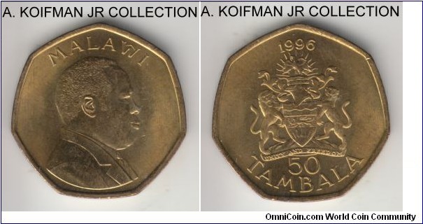 KM-30, 1996 Malawi 50 tambala; brass plated steel, 7-sized flan, plain edge; decent uncirculated.