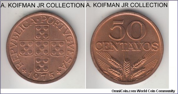 KM-596, 1975 Portugal 50 centavos; bronze, plain edge; common but nice red uncirculated.