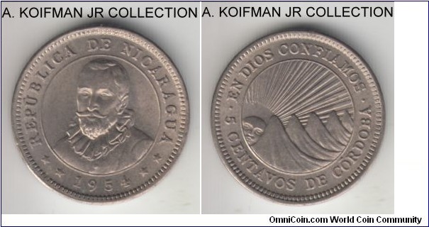 KM-24.1, 1954 Nicaragua 5 centavos; copper-nickel, BNN lettered edge; choice uncirculated, some toning.