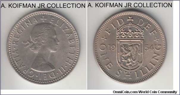 KM-905, 1954 Great Britain shilling; copper-nickel, reeded edge; Elizabeth II, Scottish crest type, lightly toned decent uncirculated.