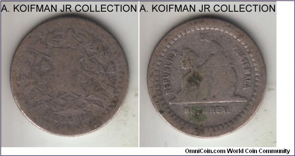 KM-155.1, 1880 Guatemala medio (1/2) real, E mint mark; silver, reeded edge; well worn.
