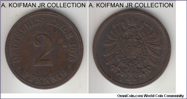 KM-2, 1875 Germany 2 pfennig, Hamburg mint (J mint mark); copper, plain edge; Wilhelm I, rather common year, brown very fine or about.