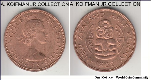 KM-23.2, 1962 New Zealand 1/2 penny; bronze, plain edge; Elizabeth II, mostly red uncirculated.
