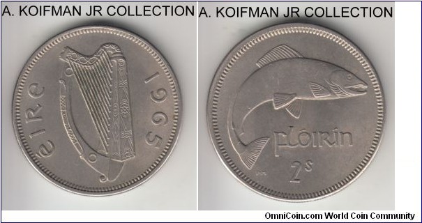 KM-15a, 1965 Ireland florin (2 shillings); copper-nickel, reeded edge; decent high grade, almost uncirculated.