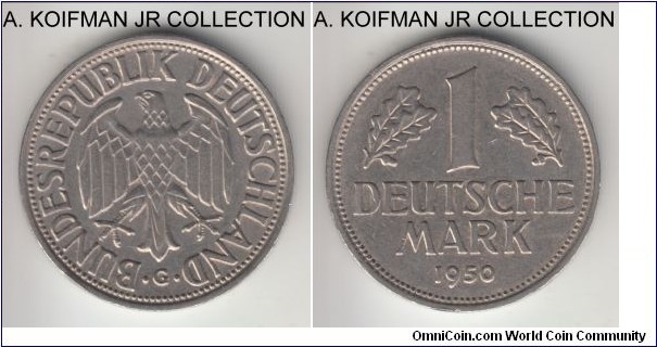 KM-110, 1950 Germany (Federal Republic) mark, Karlsruhe mint (G mint mark); copper-nickel, ornamented edge; early year, good very fine to extra fine.