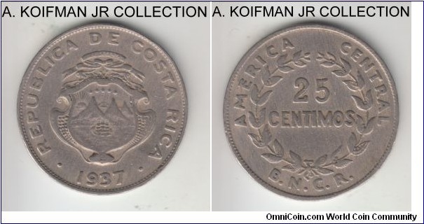KM-175, 1937 Costa Rica 25 centimos, London Royal Mint; copper-nickel, lettered edge; 2-year and heavily circulated type, decent grade.