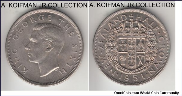 KM-19, 1951 New Zealand 1/2 crown; copper-nickel, reeded edge; George VI, last year of the type, average uncirculated.
