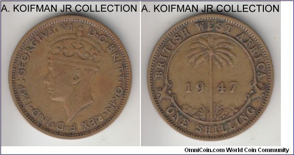 KM-23, 1947 British West Africa shilling, Heaton mint (H mint mark); nickel-brass, security reeded edge; George VI, scarcer variety, very fine to good very fine.
