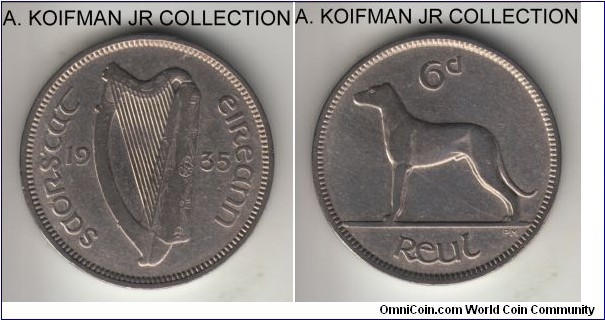 KM-5, 1935 Ireland 6 pence; copper-nickel, plain edge; scarcest of the first Republican issue, very fine details, cleaned.