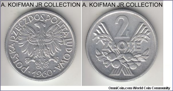 Y#46, Poland 1960 2 zlote; aluminum, reeded edge; second circulation issue, nice bright almost uncirculated.