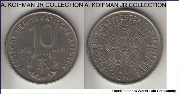 KM-44, 1973 Germany (East) 10 mark, Berlin mint (A mint mark); copper-nickel, reeded edge; 10'th Youth Festival Games circulation commemorative, toned good extra fine.