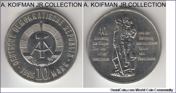 KM-106, 1985 Germany (East) 10 mark; nickel-brass, lettered edge; 40'th Anniversary of Liberation from Fascism commemorative issue, uncirculated detail, either proof like or wiped, can't determine.