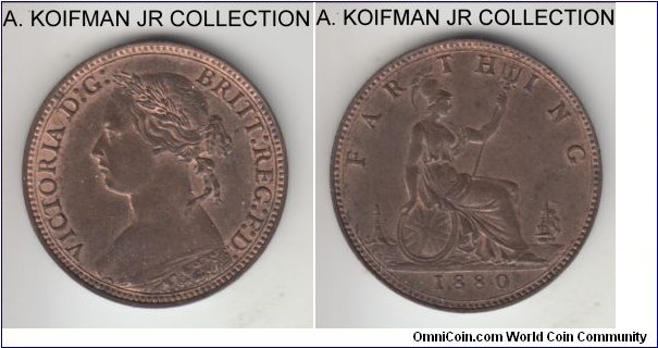 KM-753, 1878 Great Britain farthing; bronze, plain edge; Victoria, almost uncirculated, some red still present. 