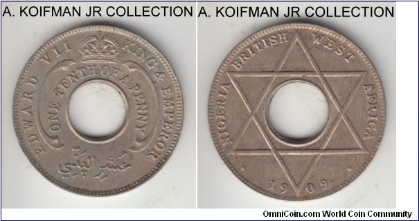 KM-3, 1909 British West Africa 1/10 penny, Royal Mint (no mint mark); copper-nickel, holed flan, plain edge; Edward VII, good extra fine to almost uncirculated, toned.