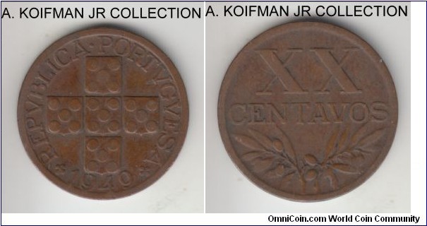 KM-584, 1949 Portugal 20 centavos; bronze, plain edge; early post war, very common year, very fine or about.