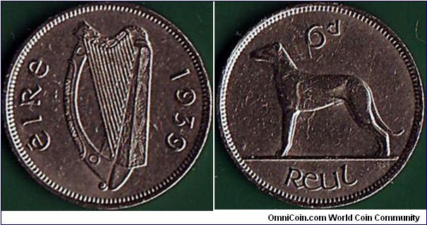 Ireland 1939 6 Pence.

1st. year of the Dominion of Ireland's coins (1939-48).

King George VI was the King of Ireland from 1936 to 1949, when the Republic of Ireland was declared.