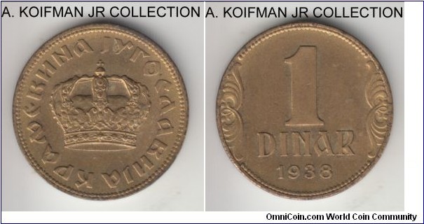 KM-19, 1938 Yugoslavia (Kingdom) dinar, Paris (France) mint (no mint mark); aluminum-bronze, plain edge; Petar II, better uncirculated grade, toned and dirty in places.