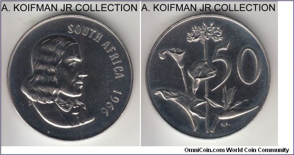 KM-70.1, 1966 South Africa (Republic) 50 cents; proof, nickel, plain edge; English legend, Van der Riebeeck and flowers, 25,000 were minted in proof sets, bright uncirculated which make it dark in scanner's reflection.