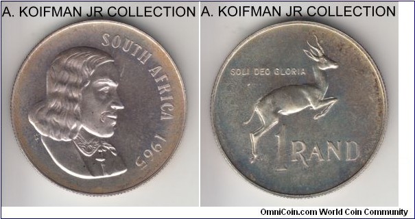 KM-71.1, 1965 South Africa (Republic) rand; proof, silver, reeded edge; early Republican coinnage, English legend SOUTH AFRICA, 25,000 minted in proof sets, uncirculated proof, some reflective surfaces and medium toning, mostly peripheral, due to storage in felt-lined cases.