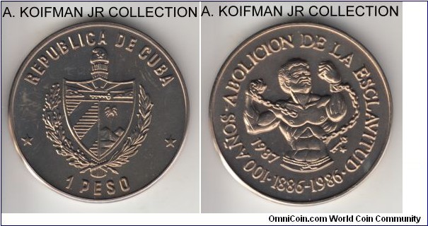 KM-167, 1986 Cuba peso; copper-nickel, plain edge; 100'th anniversary of abolivion of slavery, mintage 2,000, choice uncirculated, minimal toning.