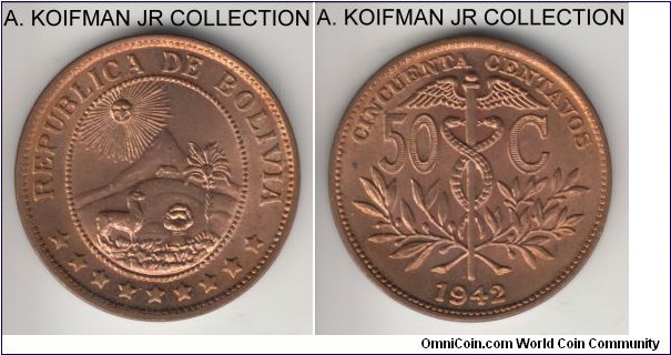 KM-182a1, Bolivia 1942 50 centavos; bronze, plain edge; good detailed strike, likely original 1942 Philadelphia struck issue, red uncirculated.