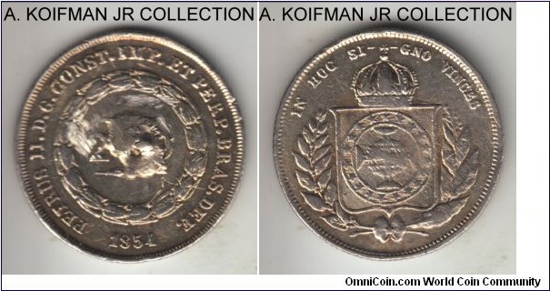 KM-469, 1854 Brazil (Empire) 200 reis; silver, reeded edge; Pedro II, first year of the type, scarce mintage of 37,000 and even scarcer spikes on the crown variety, ex-jewellry, some scraping of obverse, reverse is good fine or better.