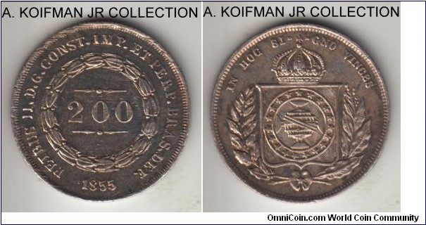 KM-469, 1855 Brazil 200 reis; silver, reeded edge; Pedro II, beads on the crown variety, good extra fine to almost uncirculated details, mechanical filing on the rim (I've seen it opn other coins too), old cleaning.