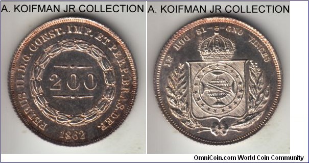 KM-469, 1862 Brazil (Empire) 200 reis; silver, reeded edge; Pedro II, uncirculated details, seems to have been cleaned in the past and re-toned.