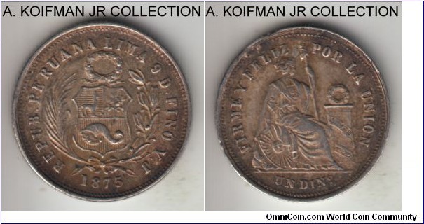 KM-190, 1875 Peru dinero, YJ essayer mint mark; silver, reeded edge; nicely toned extra fine or almost.