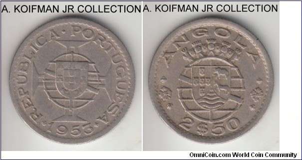 KM-77, 1953 Portuguese Angola 2 1/2 escudos; copper-nickel, reeded edge; colonial issue, very fine (obverse) to good very fine (reverse).