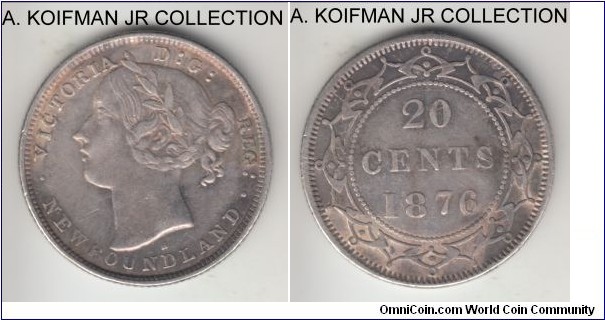 KM-4, 1876 Newfoundland 20 cents, Heaton mint (H mintmark); silver, reeded edge; Victoria, scarcer year with smaller mintage of 50,000, very fine.