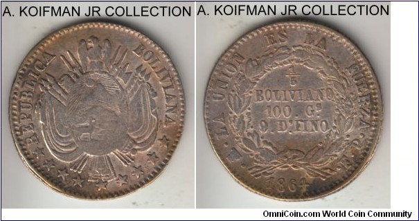 KM-151.1, 1864 Bolivia 1/5 boliviano; silver, reeded edge; relatively scarce short 3-year series, wider spaced stars KM151.1 variety, good fine to about very fine for the type.