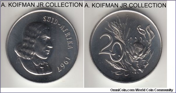 KM-69.2, 1967 South Africa (Republic) 20 cents; proof, nickel, plain edge; Afrikaans legend, Van der Riebeeck and protea flower, mintage 25,000 in proof sets, bright choice proof, highly reflective.