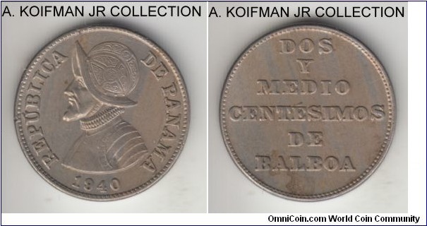 KM-16, 1940 Panama 2 1/2 centesimos; copper-nickel, plain edge; 1- year type, good extra fine to almost uncirculated, tiny obverse nick.
