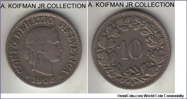 KM-27, 1908 Switzerland 10 rappen, Berne mint (B mint mark); copper-nickel, plain edge; modern Confederation coinage, average circulated, about very fine.