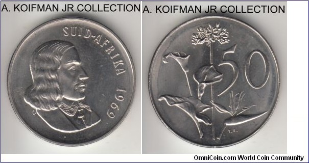 KM-70.2, 1969 South Africa (Republic) 50 cents; nickel, plain edge; Afrikaans legend SUID AFRICA, issued only in mint sets, mintage 7,968, uncirculated.