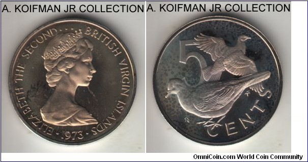 KM-2, 1973 British Virgin Islands 5 cents, ranklin mint (FM mint mark in monogram); proof, copper-nickel, plain edge; zenaida doves, lightly toned proof from set, mintage unknown.
