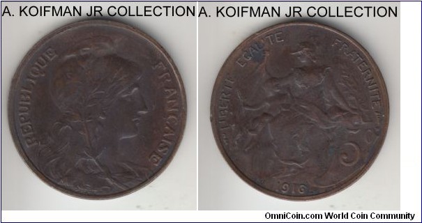 KM-842, 1916 France 5 centimes; bronze, plain edge; Madrid minted variety (star after denomination), dark toned extra fine or so.