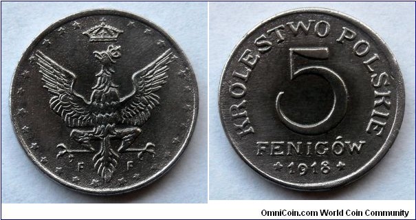 Kingdom of Poland, Królestwo Polskie, Regentschaftskönigreich Polen 5 fenigów. 1918, Iron (II)