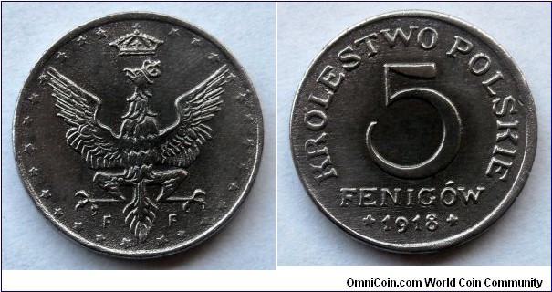 Kingdom of Poland, Królestwo Polskie, Regentschaftskönigreich Polen 5 fenigów. 1918, Iron (II)