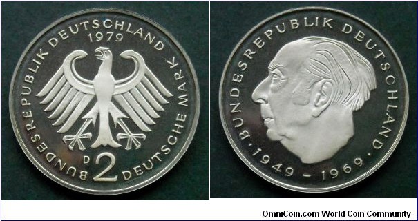 German Federal Republic (West Germany) 2 mark.
1979 D - Munich.
20 Years of Federal Republic of Germany  - Theodor Heuss. Proof issue. Mintage: 89.000 pcs.