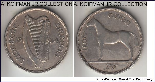KM-8, 1933 Ireland (Republic) half crown; silver, reeded edge; very fine, old cleaning.