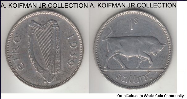 KM-14, 1939 Ireland shilling; silver, reeded edge; Republic, good very fine to extra fine, a tiny reverse edge nick, may have been cleaned in the past.